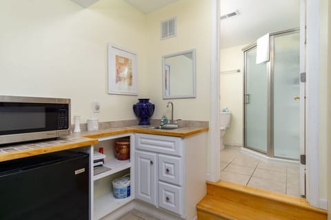 Basement kitchenette w/microwave & small refrigerator connected to the full hall bath.