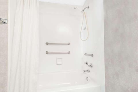 Bathroom with shower and tub. Basic toiletries and towels are provided