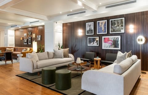 Stretch out on plush sofas beneath curated art and warm lighting.