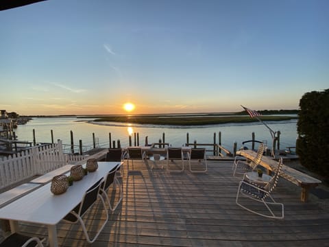 Back deck with view of bay and boat slip