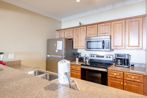 Fully stocked kitchen.