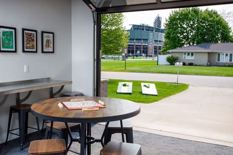 View of Lambeau from heated party garage with door open