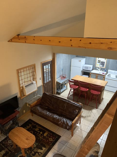 Living room features queen sofa bed and futon.  