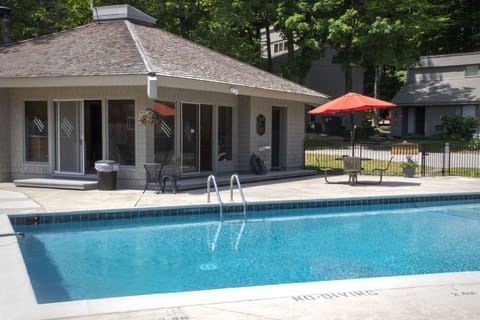 The pool is literally across the walkway