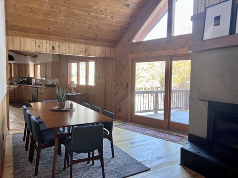 Dining room table with 8 chairs, room to pull up a couple more.