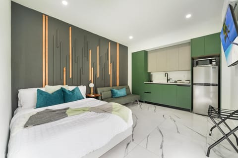 Step into your dream one-bedroom apartment with a sleek kitchen and a cozy TV