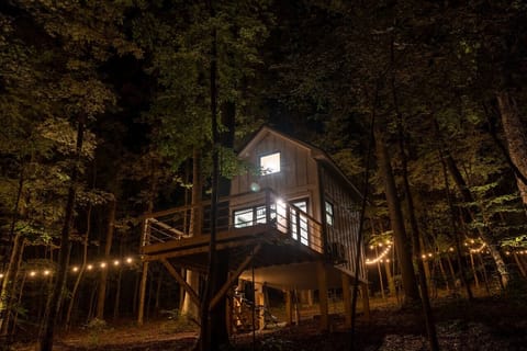 Luxury treehouse with elevated forest views, perfect for a romantic getaway or adventure in nature. Includes a private deck and access to hiking trails.