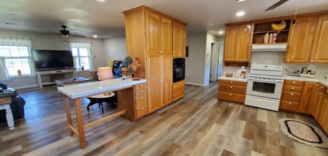The kitchen and living room are one big open space.