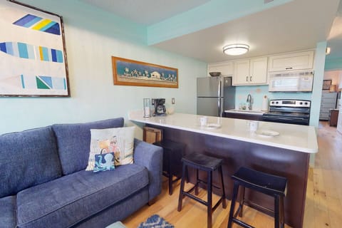 Queen Size Sleep Sofa and Counter Seating at Kitchen Area