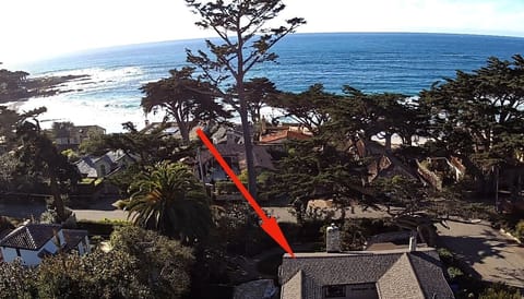 Ariel view showing how close the house is to the beach