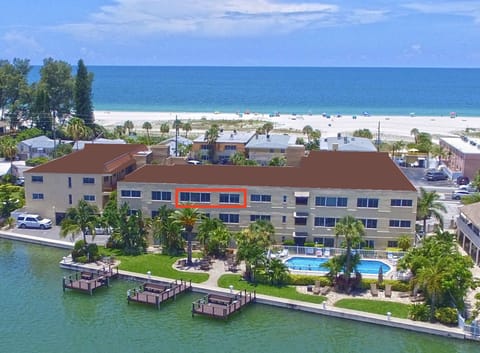 Condo unit outlined in red. On the intracoastal waters, across from the beach.