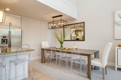 Large dining table can seat 10.