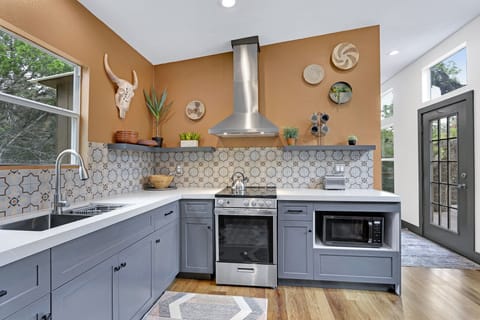 View from the dining table looking toward the kitchen.