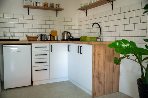 Kitchen including a fridge with a freezer, toaster, induction stove, kettle
