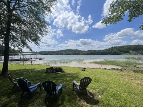 We do have a dock now! Nice cozy seating with fireplace.