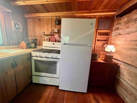 The kitchen includes a gas stove and a full size fridge.