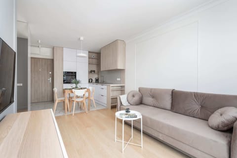 Living room with a comfortable sofa bed, TV and kitchenette with dining area.