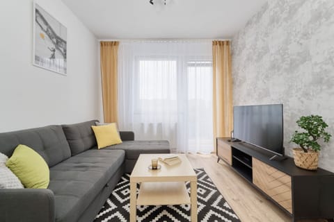 Living room with a comfortable sofa and TV. 
