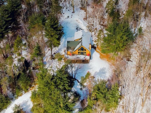 The cabin is secluded but only 6 min to Whiteface and 18 min to Lake Placid