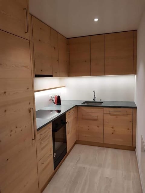 Kitchen (2020) by the Engadiner Lehrwerkstatt Samedan using Engadine larch wood and serpentine stone from Puschlav