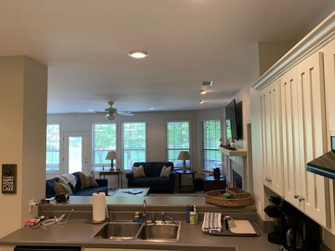 Kitchen is connected to the den and dining area
