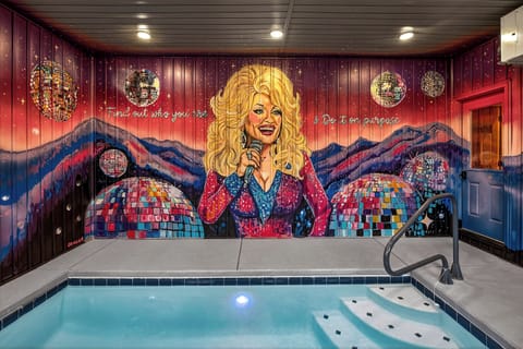 Heated Indoor Plunge Pool with Dolly mural wrapped around. Disco ball hanging from the ceiling and sparkling floors to add a little Dolly Flare. Pool is heated to 85 degrees and is 10' X 12' in size and 5 feet deep.