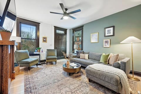 Ample, comfortable seating for everyone. Adjustable lighting, Youtube TV, and overhead fan. 