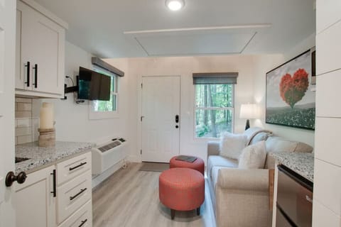 Cozy tiny cottage with stocked kitchenette, TV, and scenic view | relax with your favorite shows or enjoy the view while preparing meals, perfect for couples or solo travelers seeking a peaceful nature escape