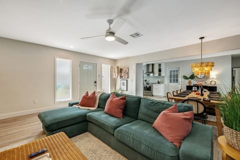 Soft, ambient lighting complements the natural daylight during the day and transforms the living area into a cozy retreat at night.