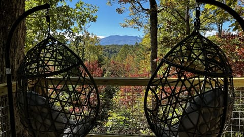 Swing into serenity with stunning views of Mount LeConte framed by vibrant forest colors.