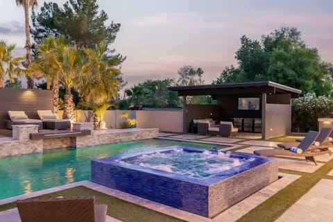 Elevated spa with waterfall spillover into the pool surrounded by palms