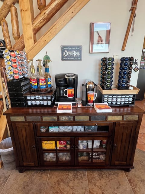 Our epic coffee/tea bar!!!  Over 500 Keurig K-cups and over 100 Nespresso pods!!
