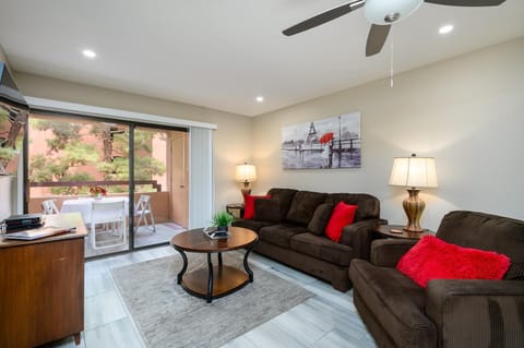 Ceiling fans in living room, bedroom and kitchen.