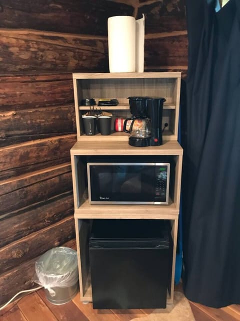 Mini fridge, microwave, coffee maker, swamp cooler, room heater and ceiling fan