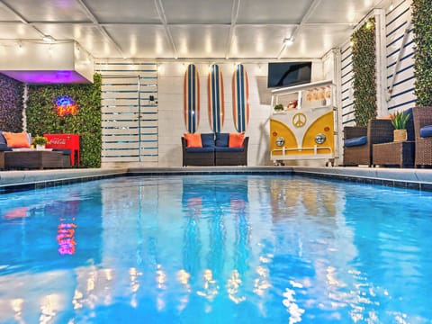 Fun groovy pool area with a new VW Bus Bar perfect for having fun and great for vacation selfies!  Beach inspired décor includes surfboards bringing the ocean to you in our  top rated vacation rental on Hilton Head Island, SC!