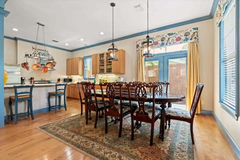 The dining table can seat 8 guests