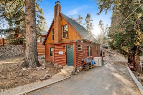 Welcoming cabin entry surrounded by towering pine trees, offering fresh mountain air and a peaceful forest setting—the perfect first impression for your Big Bear Lake getaway.