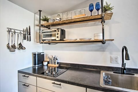 Full kitchen with toaster oven, microwave, Keurig coffee make, electric stovetop