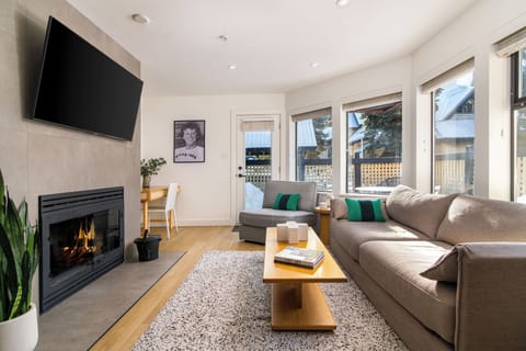 Wood-burning fireplace, foldable lounge chair, queen-size sofa bed, and patio. 