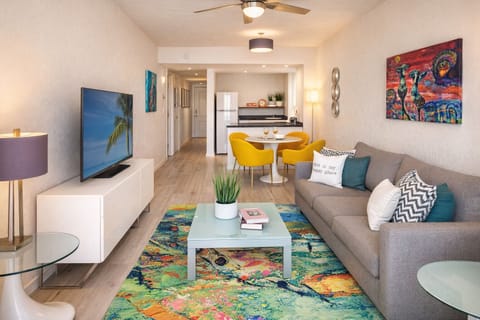 Gather for movie nights in a bright, colorful lounge.