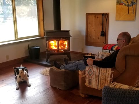 Cup of coffee in front of the fire.
