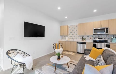 Flatscreen smart tv centrally located.