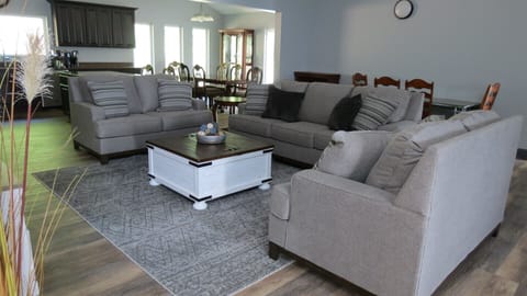 open living room, kitchen, dining room