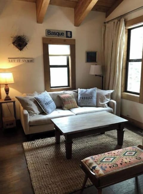 Comfy living room with real wood burning fireplace