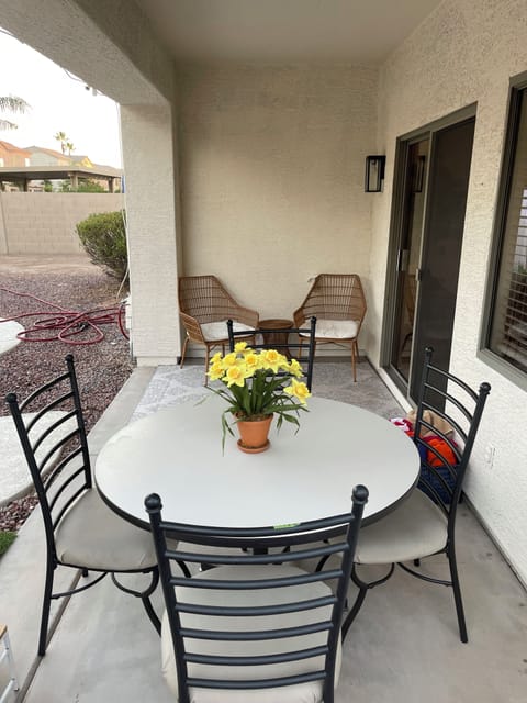 Covered patio area with water misters for cooling off