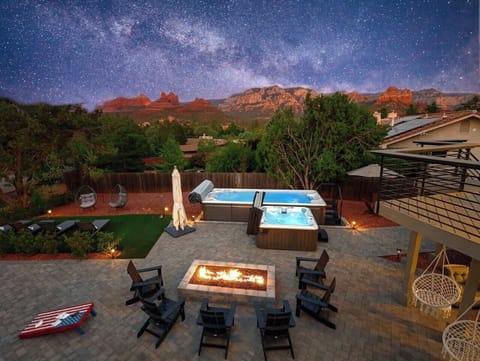 Backyard entertainment space with Wow Views. Heated Pool, Spa, Firepit, relax.
