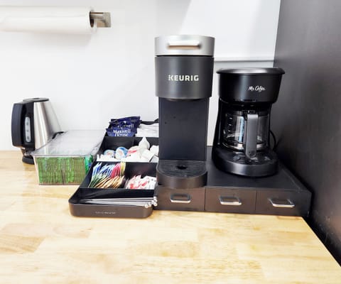 Coffee and tea station.