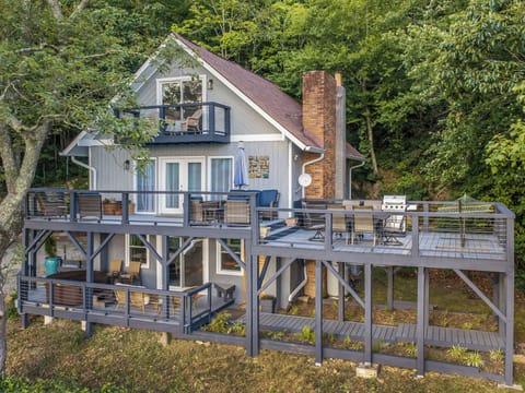 Drone view of west elevation showing deck areas 