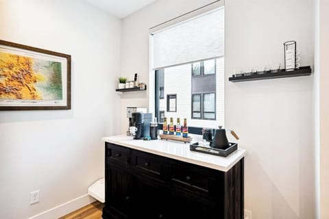 Drip coffee, grinder, Nespresso, frother, french press, hot cocoa, tea, syrups