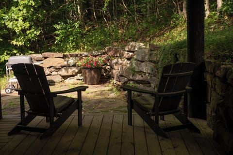 View of the stone patio and charcoal grill from the porch.